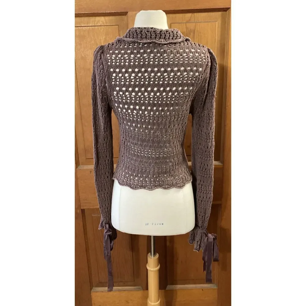 Free People Pointelle Pullover Bell Sleeves Shirt‎ Sz XS Chickory Coffee Brown